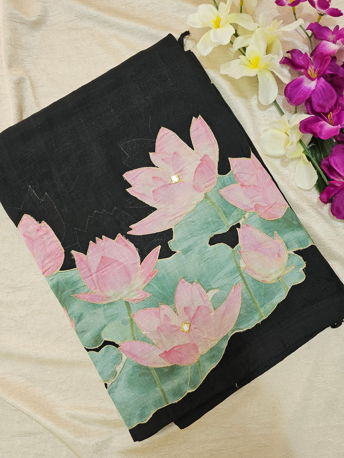 Handwoven Mangalagiri Pattu Saree with Floral Patch Work - Black