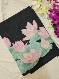 Handwoven Mangalagiri Pattu Saree with Floral Patch Work - Black