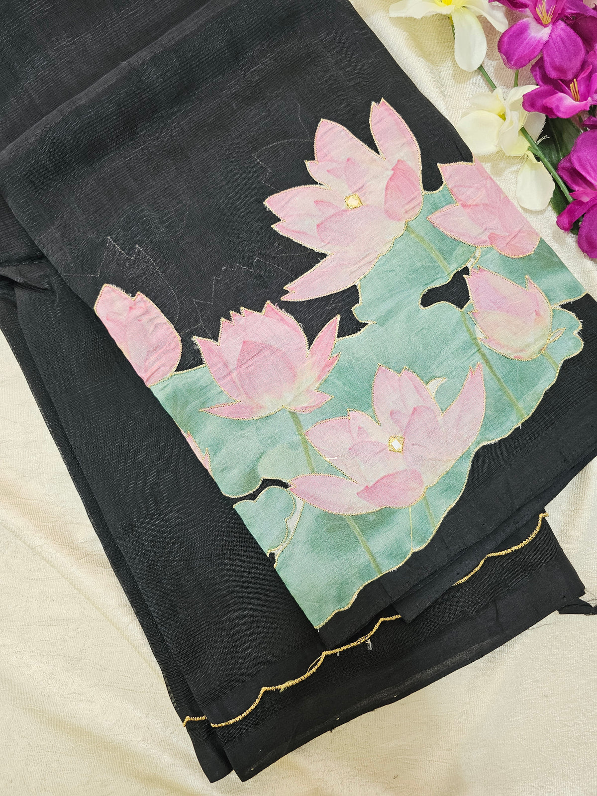 Handwoven Mangalagiri Pattu Saree with Floral Patch Work - Black