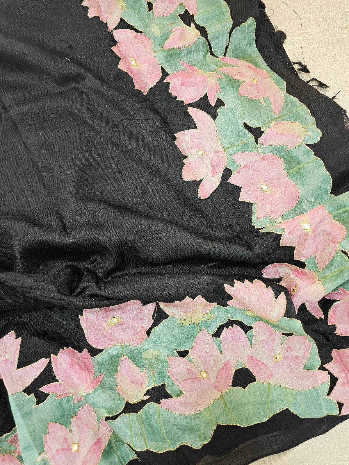 Handwoven Mangalagiri Pattu Saree with Floral Patch Work - Black