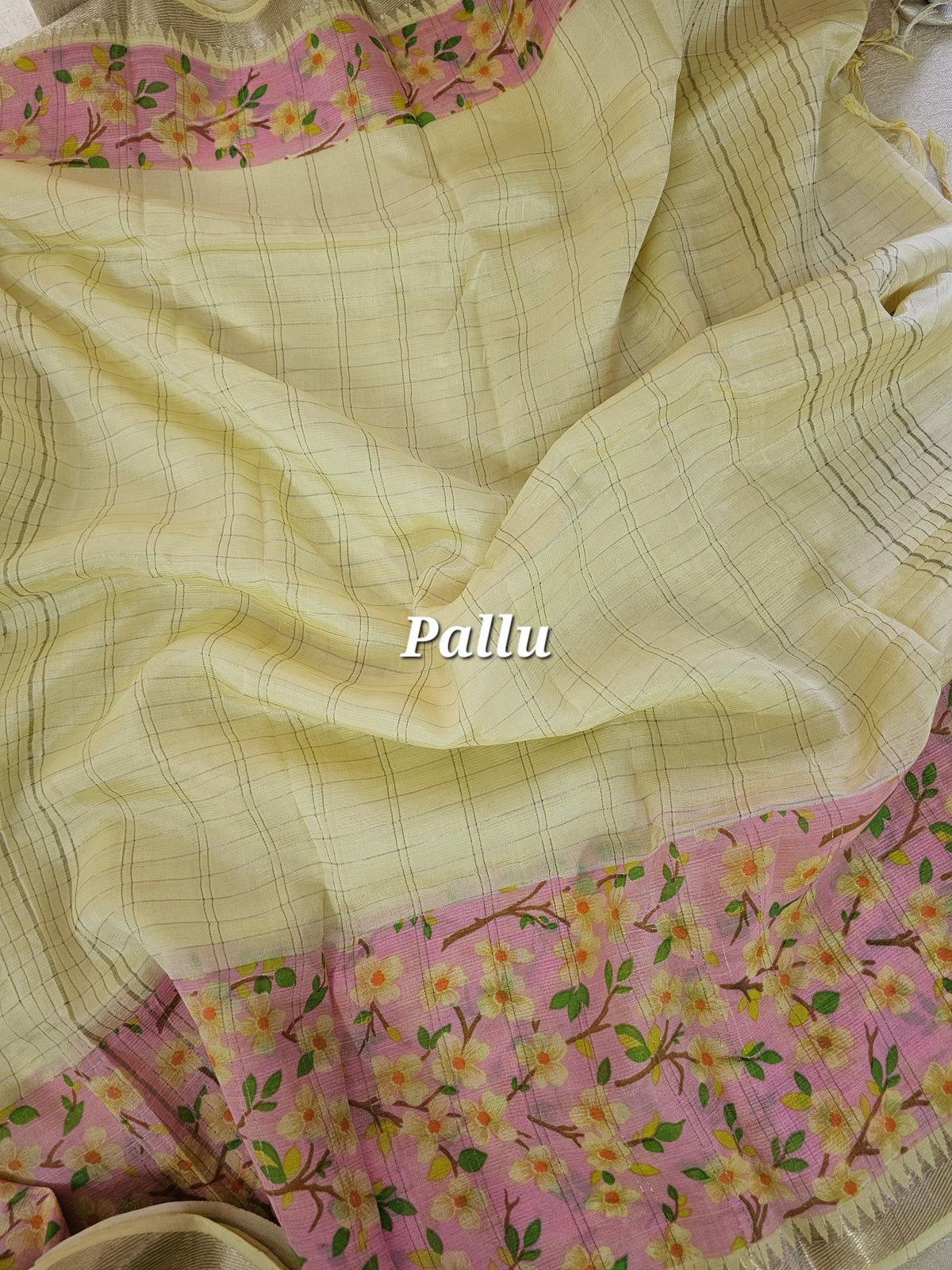 Handwoven Mangalagiri Pattu Saree with Floral Digital Prints  - Sandal with Pink