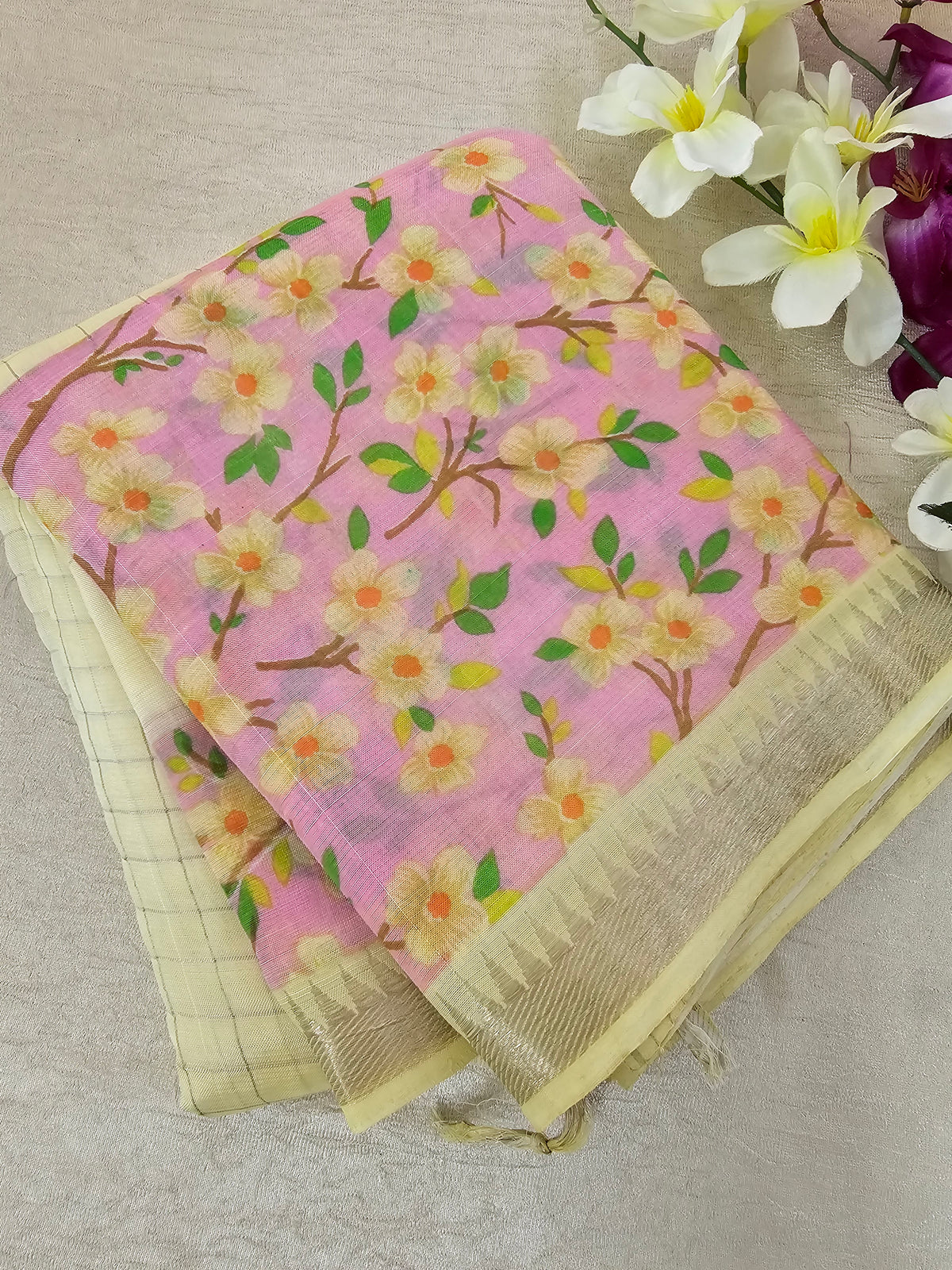 Handwoven Mangalagiri Pattu Saree with Floral Digital Prints  - Sandal with Pink