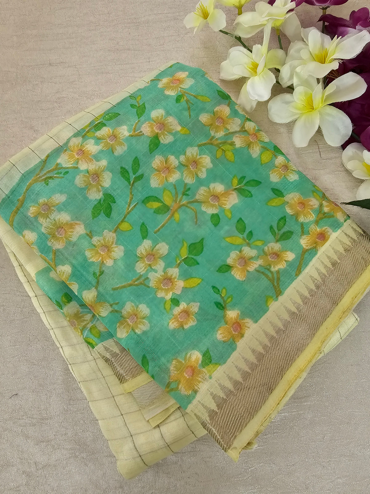 Handwoven Mangalagiri Pattu Saree with Floral Digital Prints  - Sandal with Green