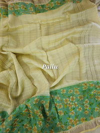 Handwoven Mangalagiri Pattu Saree with Floral Digital Prints  - Sandal with Green