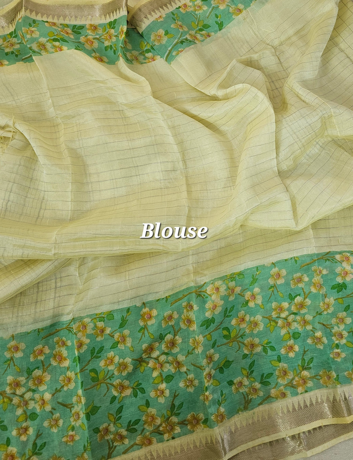 Handwoven Mangalagiri Pattu Saree with Floral Digital Prints  - Sandal with Green