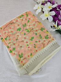 Handwoven Mangalagiri Pattu Saree with Floral Digital Prints  - Sandal with Peach