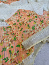 Handwoven Mangalagiri Pattu Saree with Floral Digital Prints  - Sandal with Peach