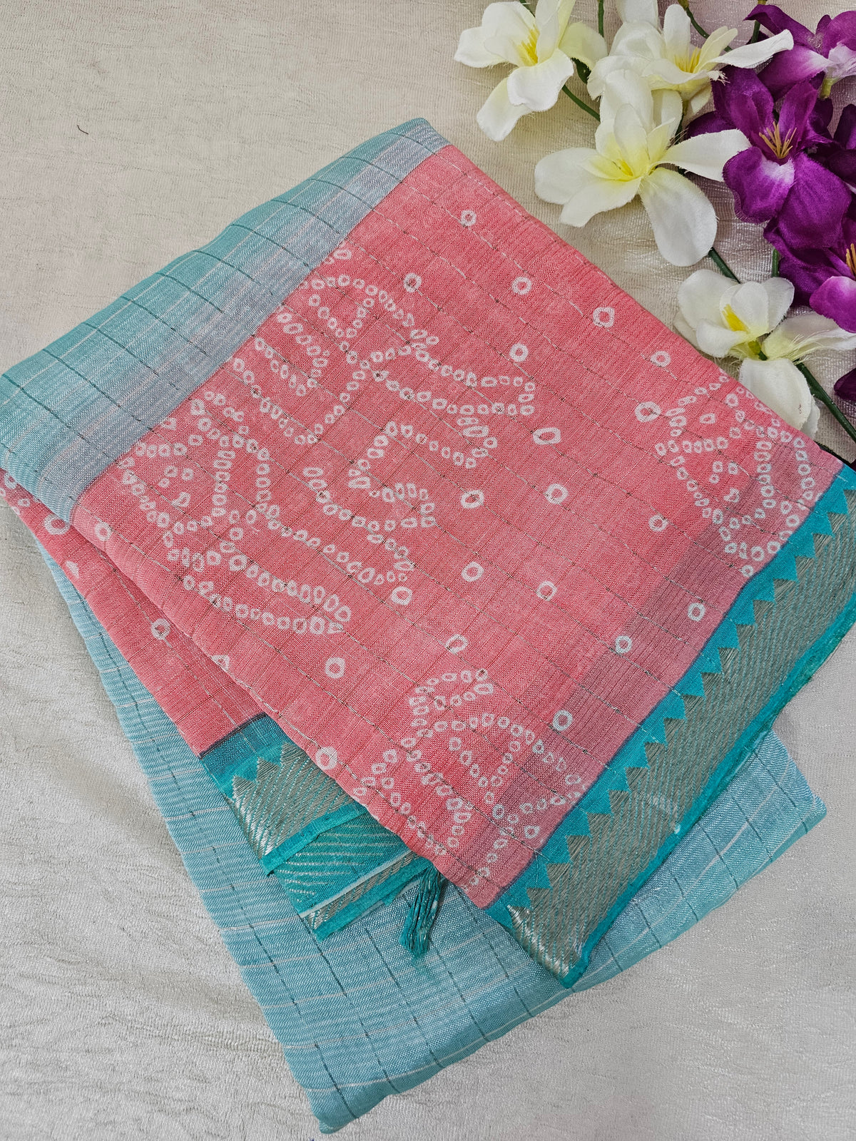 Handwoven Mangalagiri Pattu Saree with Bandhini Digital Prints  -Sea Blue with Pink