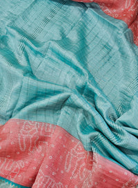 Handwoven Mangalagiri Pattu Saree with Bandhini Digital Prints  -Sea Blue with Pink