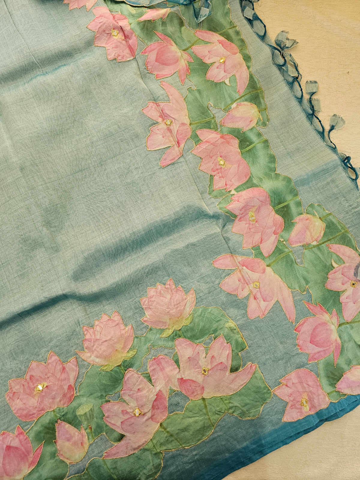 Handwoven Mangalagiri Pattu Saree with Floral Patch Work - Blue