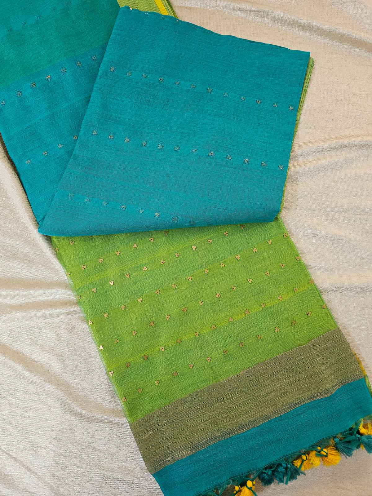 Ghicha Sequence Weaving Saree - Sea Blue with Lime Green