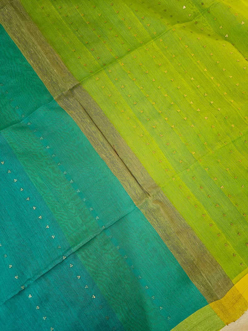 Ghicha Sequence Weaving Saree - Sea Blue with Lime Green