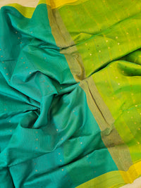 Ghicha Sequence Weaving Saree - Sea Blue with Lime Green