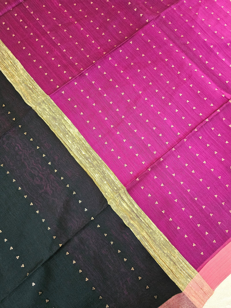 Ghicha Sequence Weaving Saree - Black with Magenta Pink