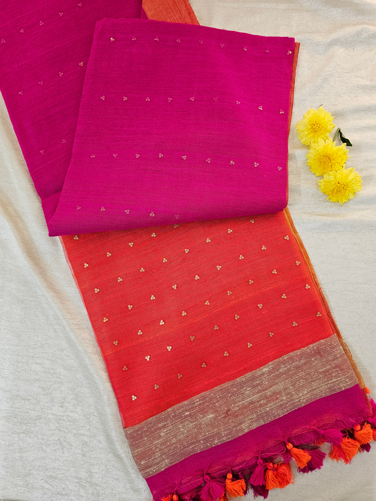 Ghicha Sequence Weaving Saree - Pink with Orange