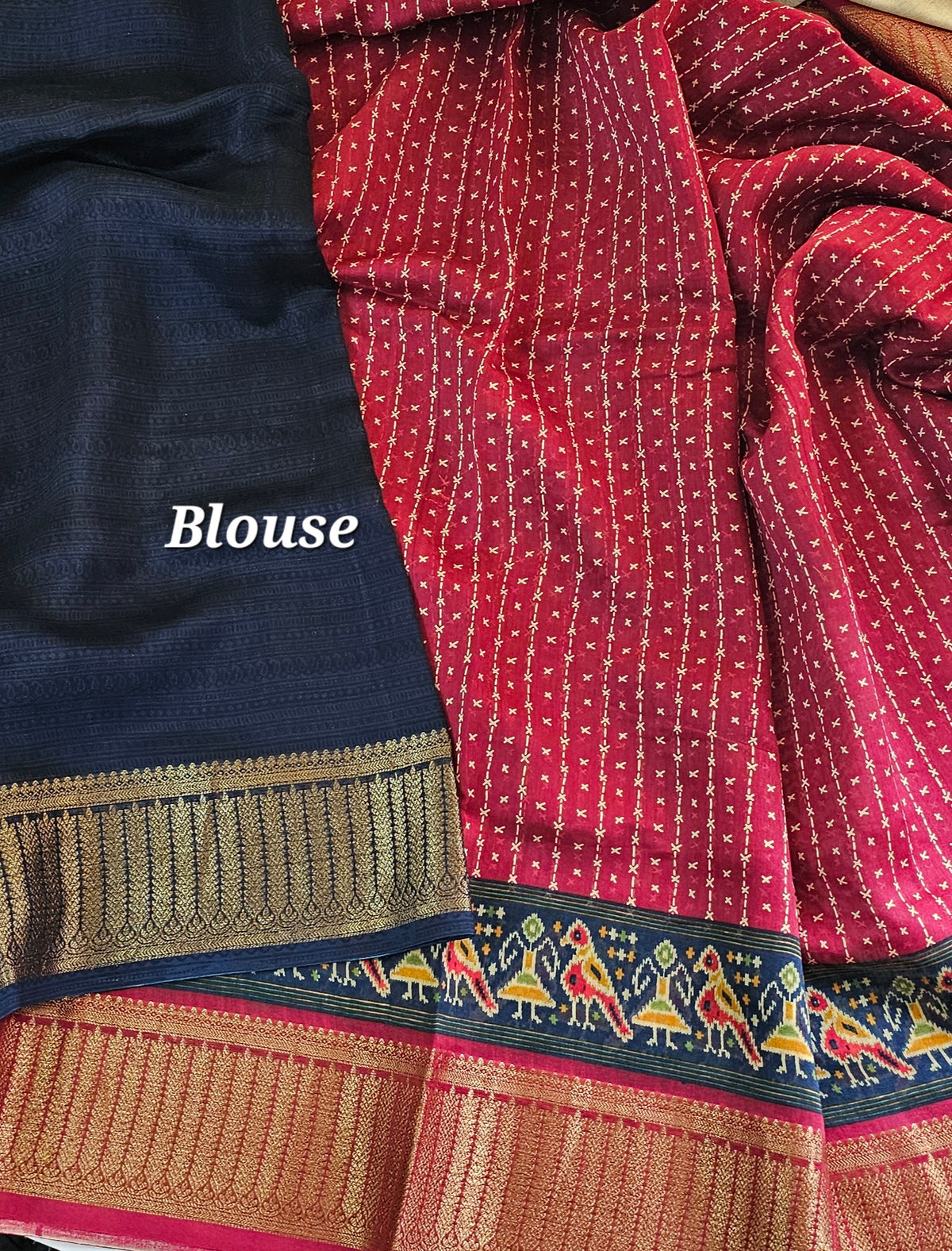 Pure Chanderi Butter Silk - Magenta Pink with Blue