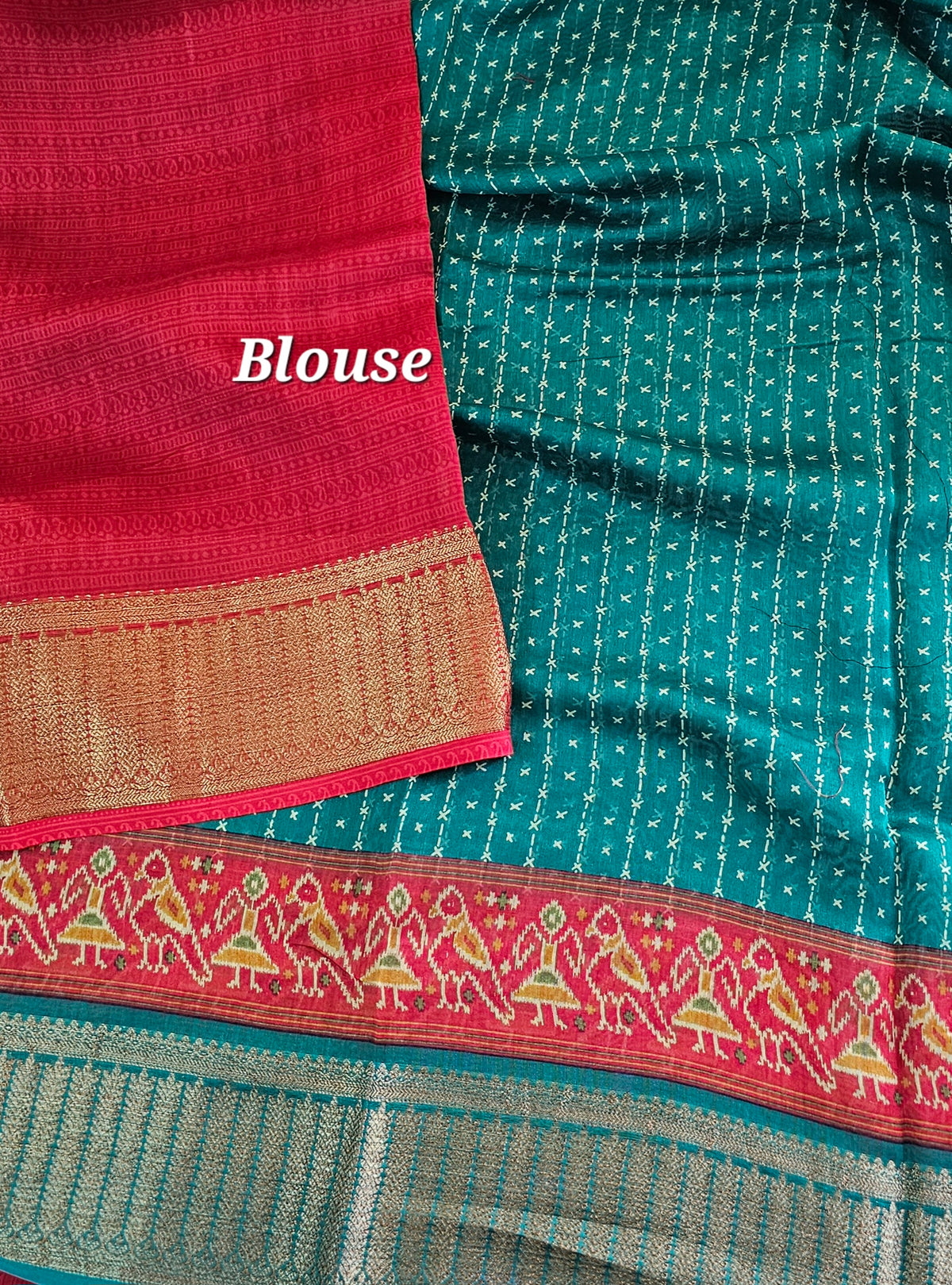 Pure Chanderi Butter Silk - Peacock Green with Red