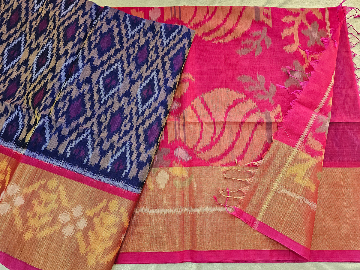 Blue with Pink Pochampally Ikkat Silk Cotton (SICO Pattu)