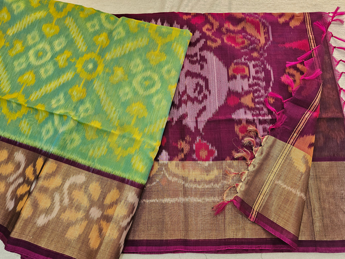 Green Shade with Magenta Pink Pochampally Ikkat Silk Cotton (SICO Pattu)