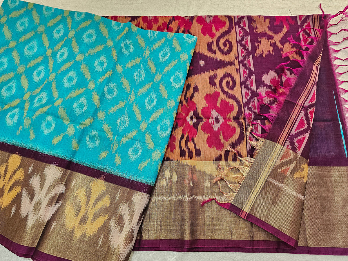 Blue with Magenta Pink Pochampally Ikkat Silk Cotton (SICO Pattu)