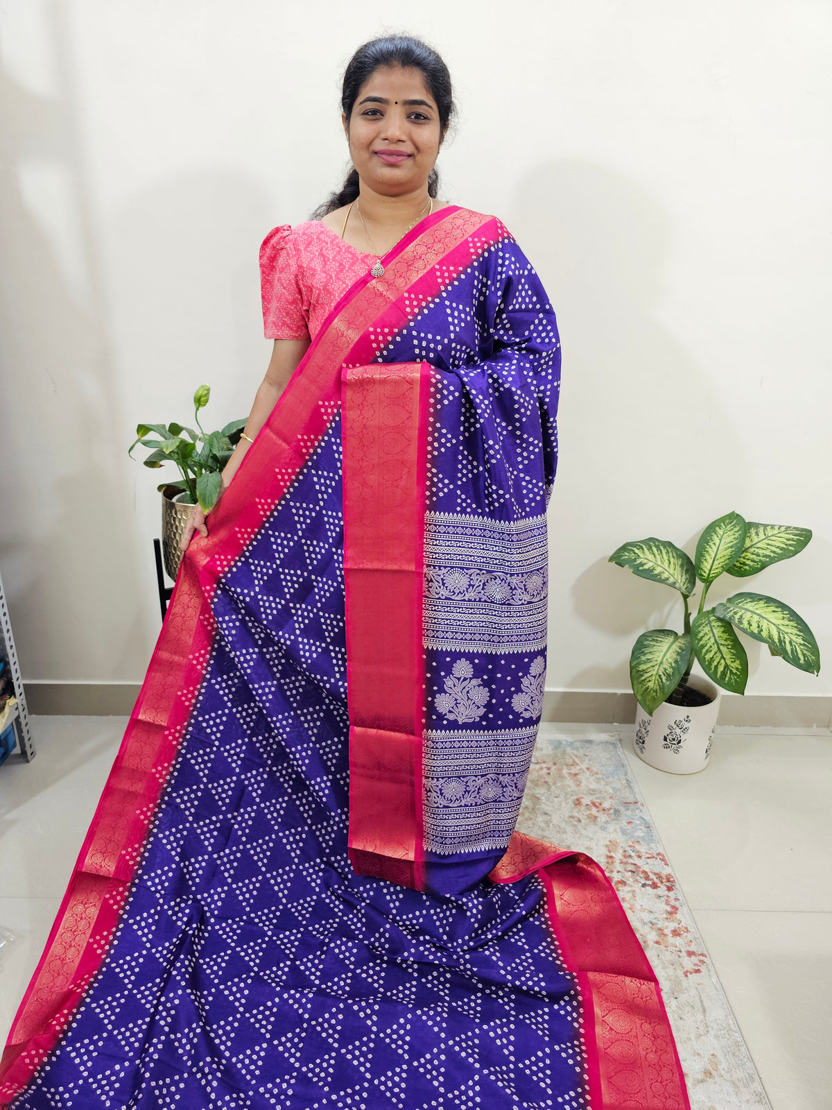 Semi Dola Silk - Purple with Rani Pink