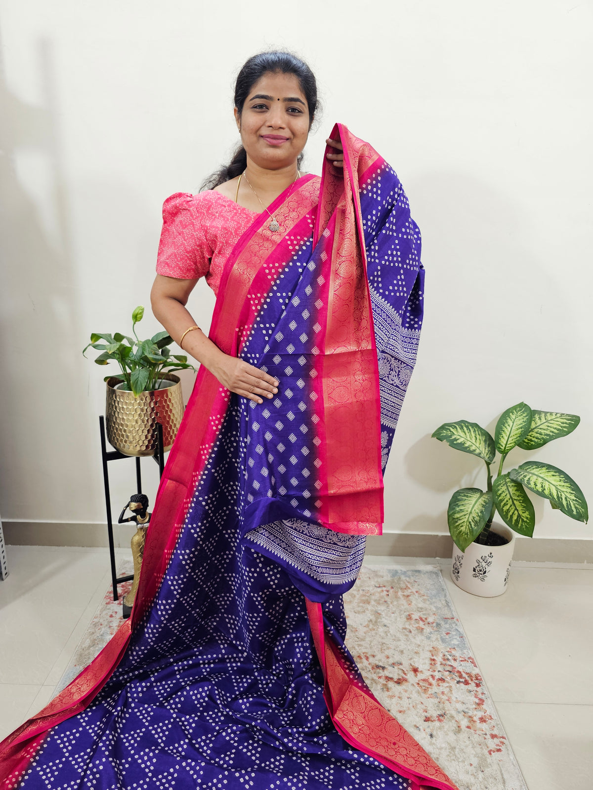 Semi Dola Silk - Purple with Rani Pink