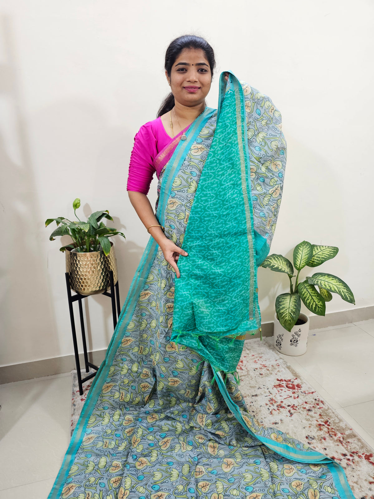 Tussar by Cotton Kalamkari- Grey with Sea Green