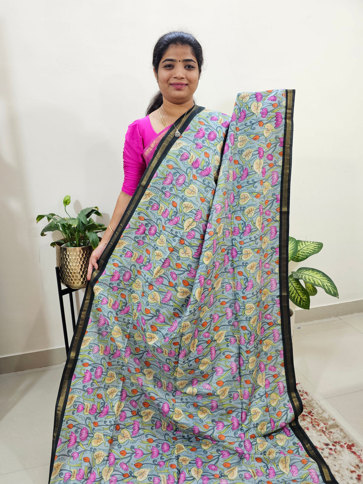 Tussar by Cotton Kalamkari- Grey with Black