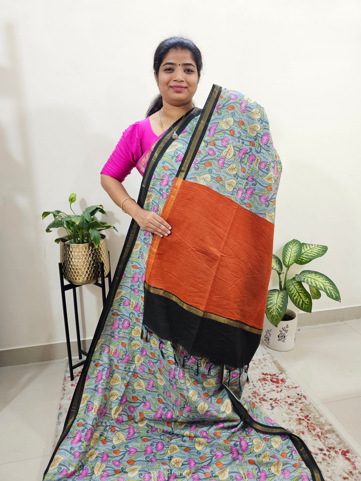 Tussar by Cotton Kalamkari- Grey with Black