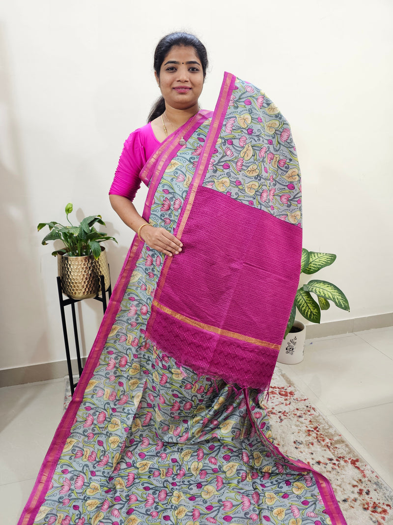 Tussar by Cotton Kalamkari- Grey with Pink