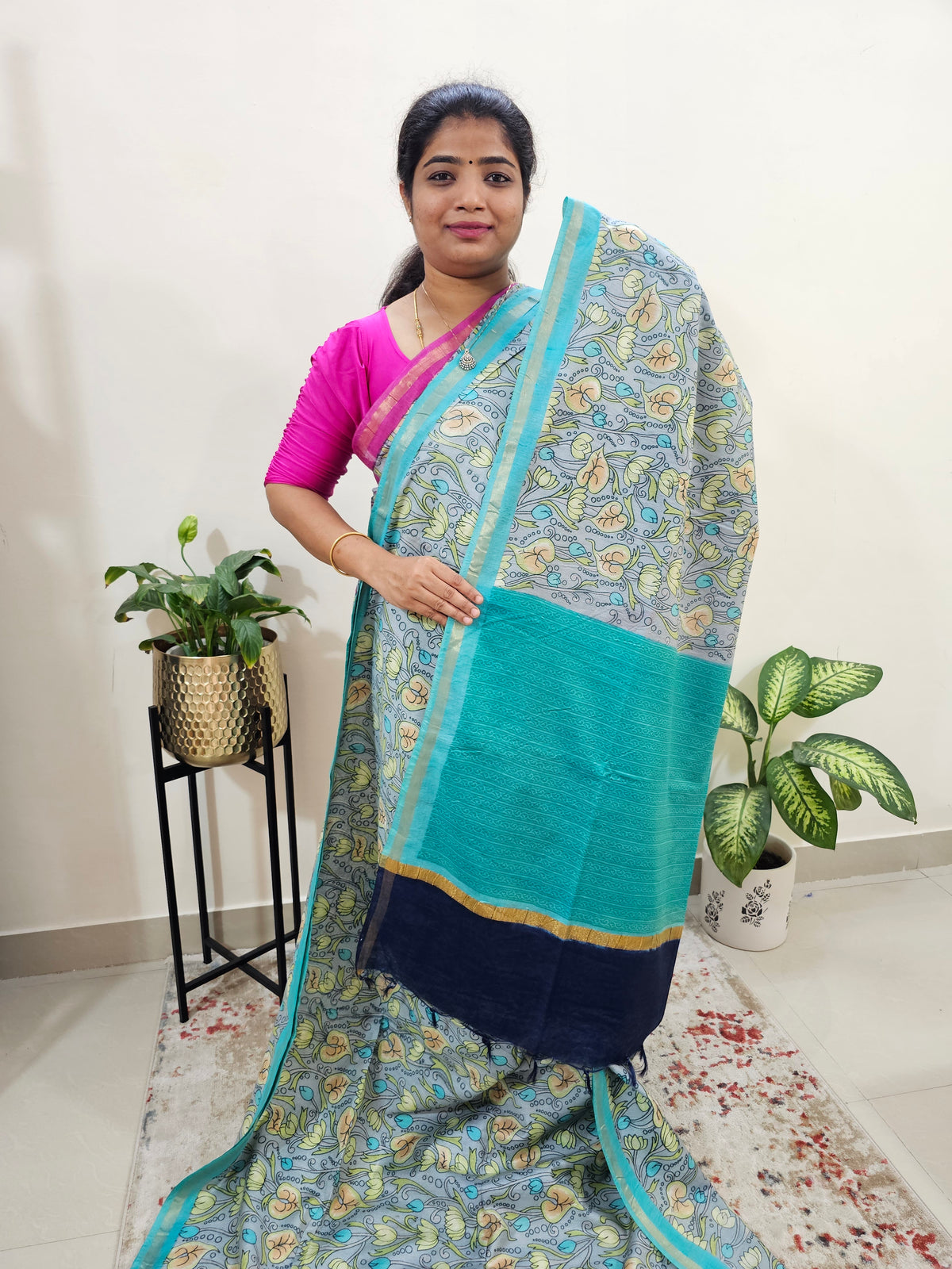 Tussar by Cotton Kalamkari- Grey with Blue