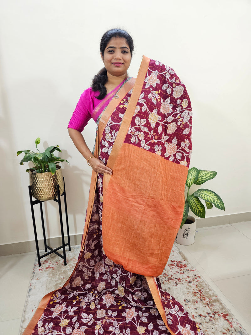 Tussar by Cotton Kalamkari- Maroon with Orange