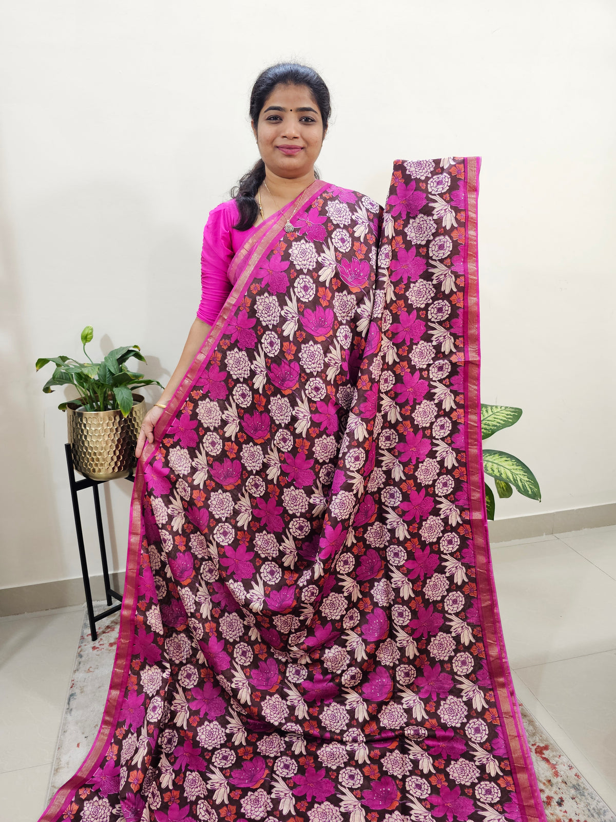 Tussar by Cotton Kalamkari- Brown with Pink