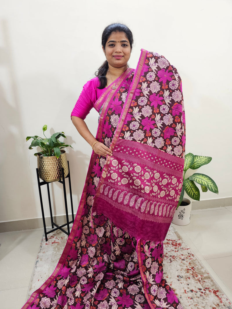 Tussar by Cotton Kalamkari- Brown with Pink