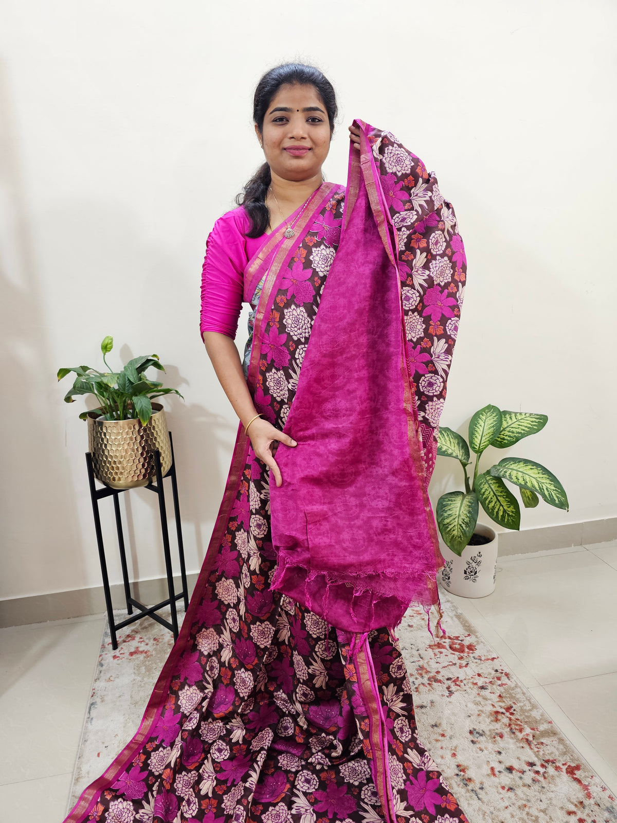 Tussar by Cotton Kalamkari- Brown with Pink