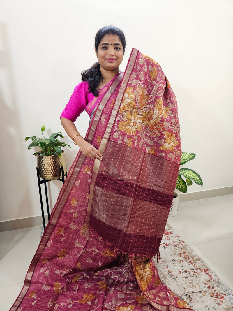 Tussar by Cotton Kalamkari- Onion Pink with Maroon