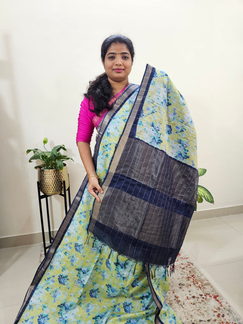 Tussar by Cotton Kalamkari- Lime Green with Navy Blue