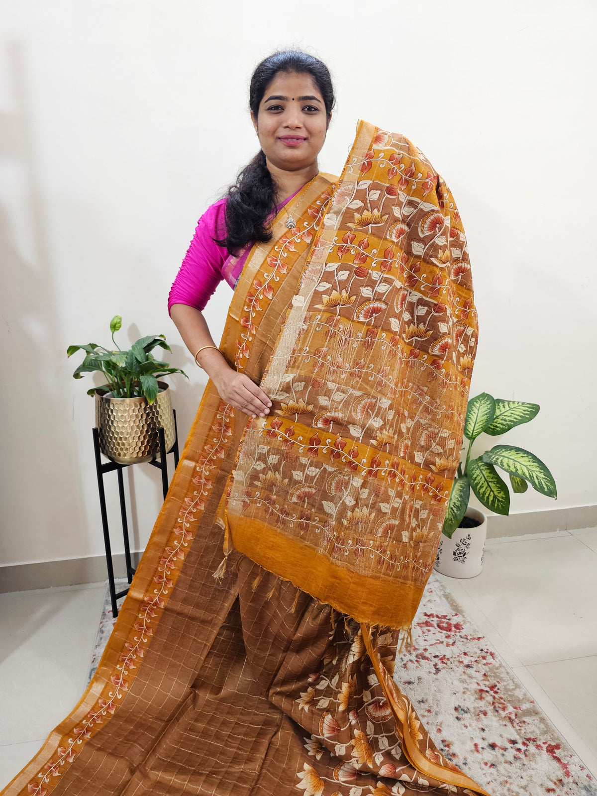 Tussar by Cotton Kalamkari- Honey Brown with Mustard Yellow