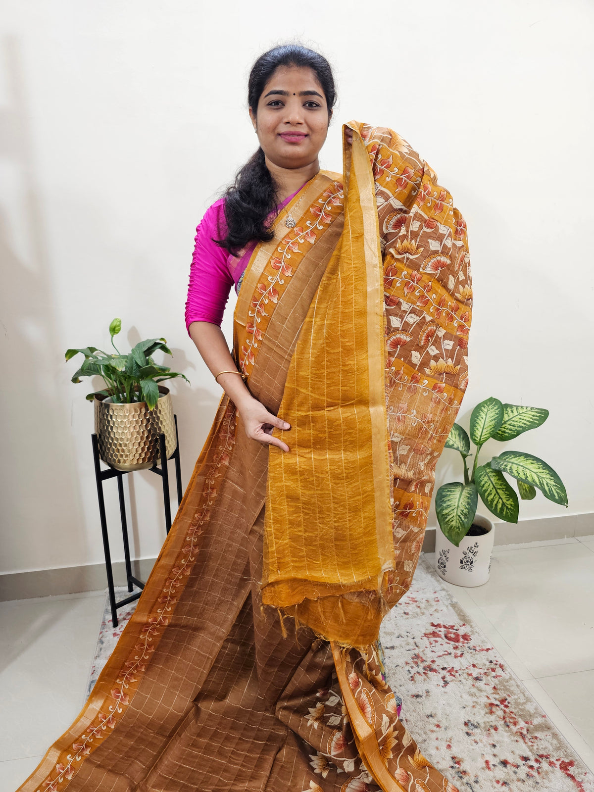 Tussar by Cotton Kalamkari- Honey Brown with Mustard Yellow