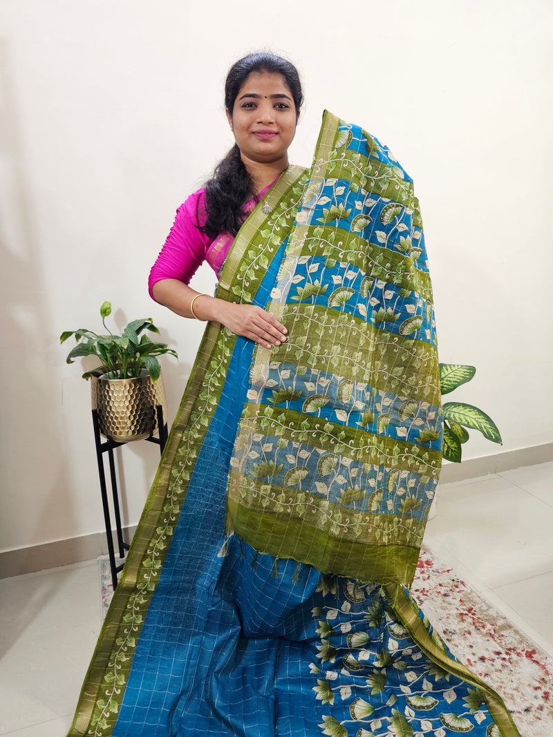 Tussar by Cotton Kalamkari- Blue with Green