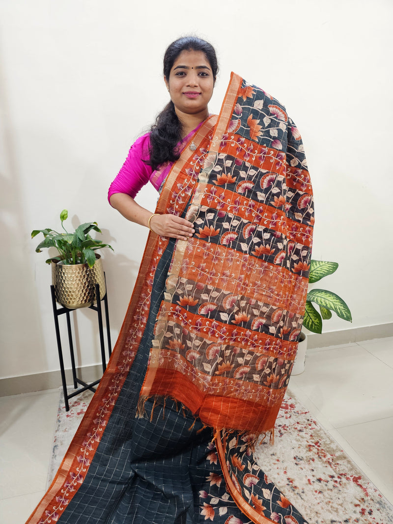 Tussar by Cotton Kalamkari- Grey with Orange