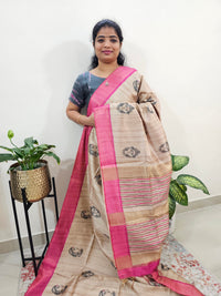 Semi Ghicha Digital Printed Saree - Cream with Pink