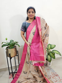 Semi Ghicha Digital Printed Saree - Cream with Pink