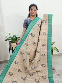 Semi Ghicha Digital Printed Saree - Cream with Sea Green