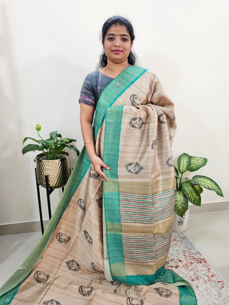 Semi Ghicha Digital Printed Saree - Cream with Sea Green