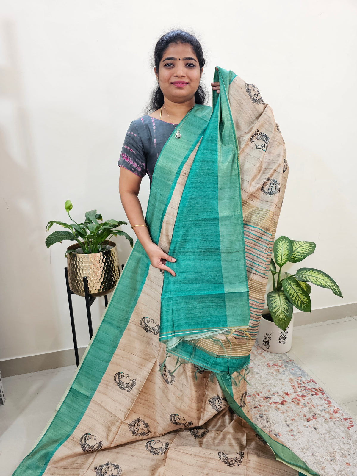 Semi Ghicha Digital Printed Saree - Cream with Sea Green