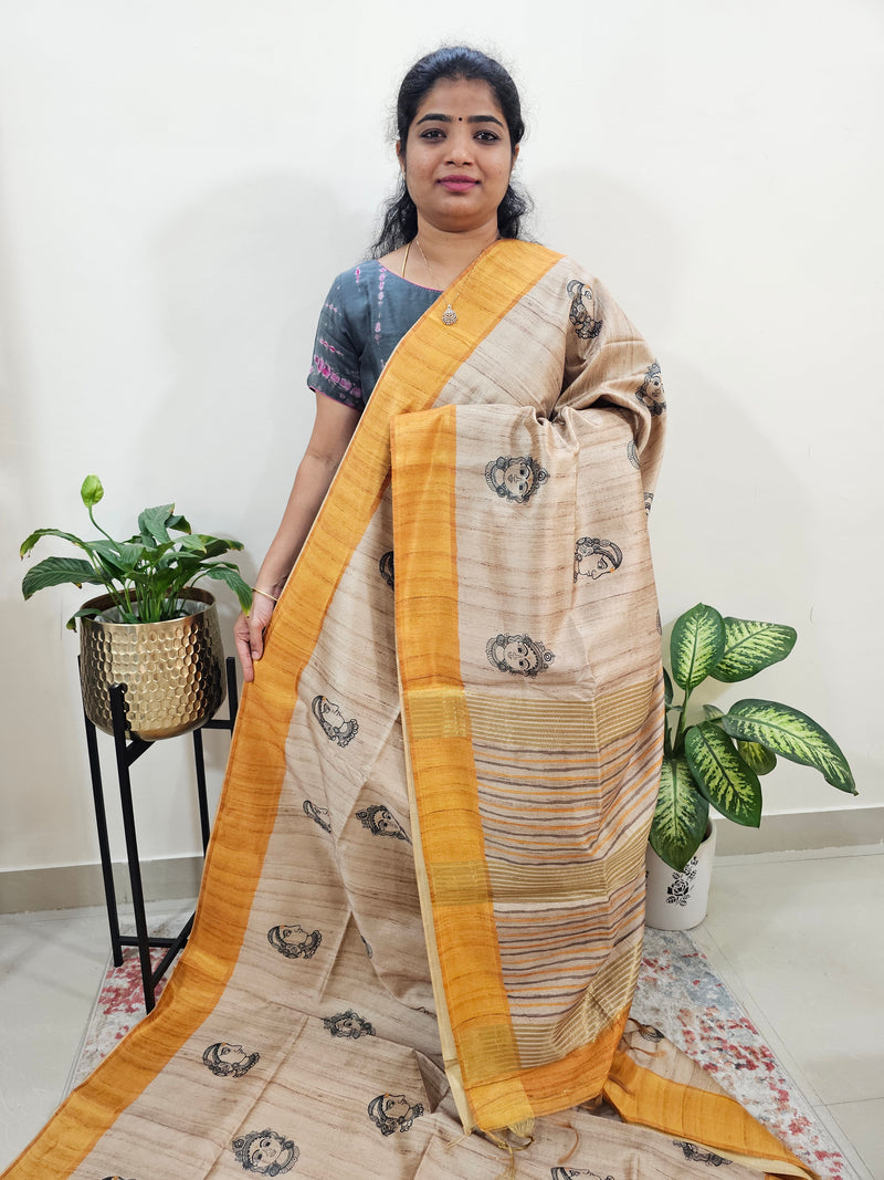 Semi Ghicha Digital Printed Saree - Cream with Mustard Yellow