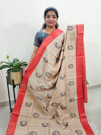 Semi Ghicha Digital Printed Saree - Cream with Red