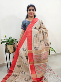 Semi Ghicha Digital Printed Saree - Cream with Red