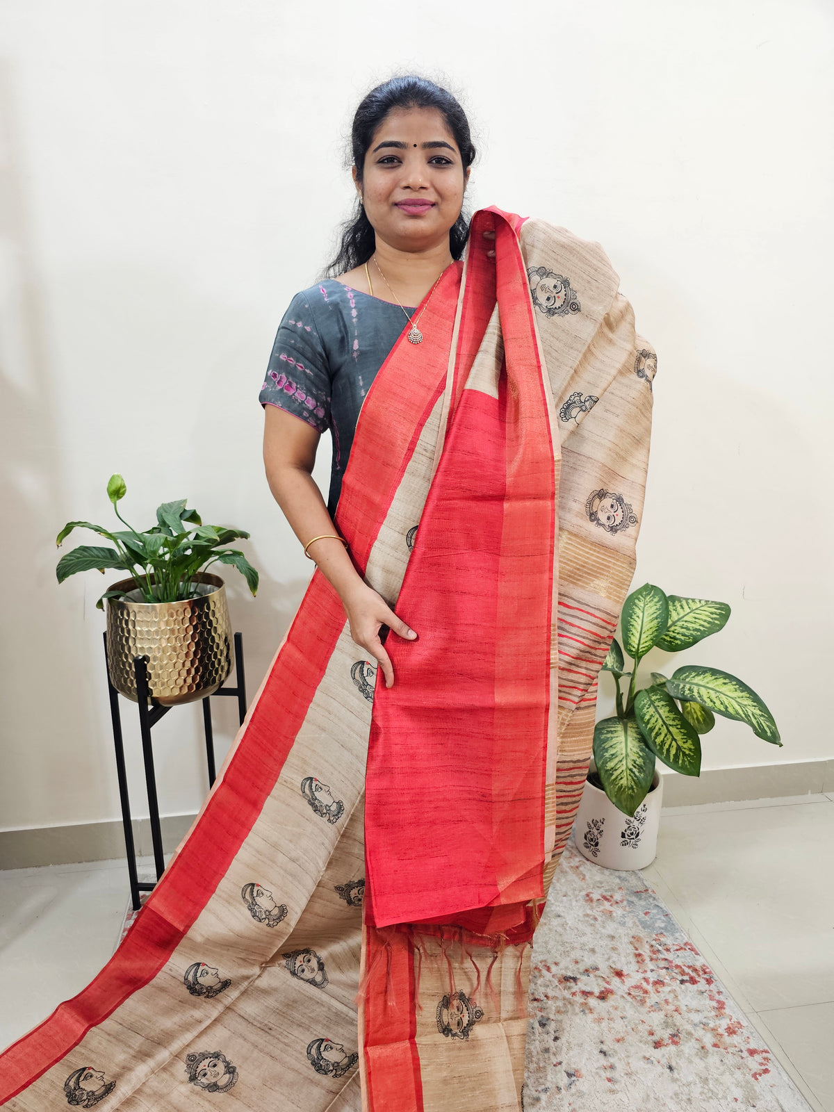 Semi Ghicha Digital Printed Saree - Cream with Red